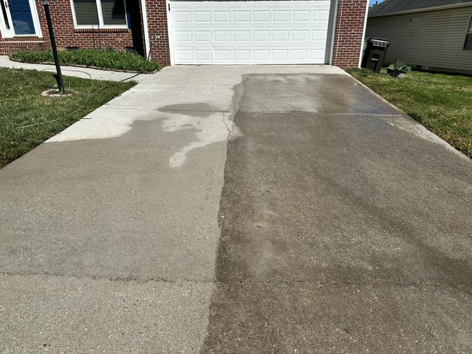 Before-and-after comparison showing a dramatically cleaned concrete driveway